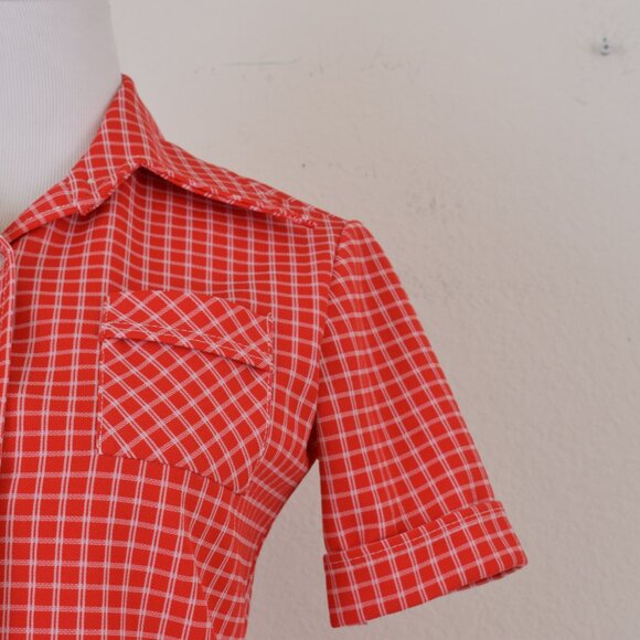 Vintage 70s Polyester Red and White Plaid Top - Picture 6 of 9